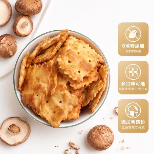 「图片1」「图片1」菇菇珍好苏打饼干符合电商主图标准，背景以温馨白色风格为主，主图款稍微复杂点【菇菇珍好苏打饼干，小图标文字部分：24小时发酵工艺（口感酥脆层次丰富）；0蔗糖添加（轻食物负担）；多口味预览效果