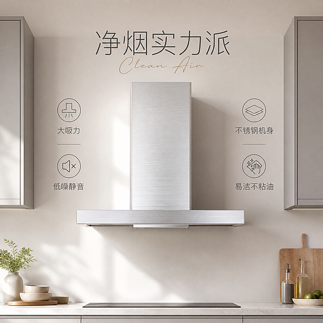 现代感厨房设计，金属质感油烟机融合清爽光影，性冷淡风与轻拟物元素交织，展现舒适洁净的家居美学。