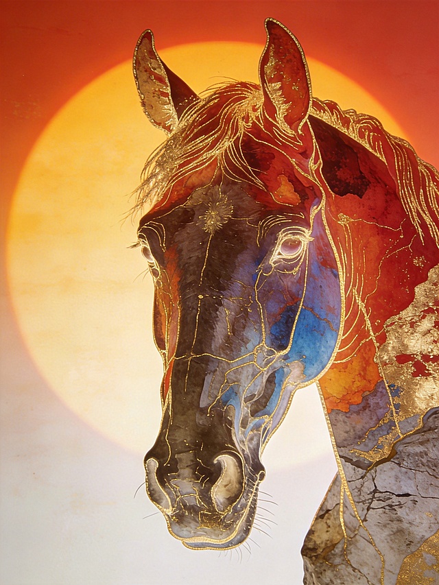 梦幻感与奢华感交织的岩彩风插画，描边金线勾勒马首轮廓，虚拟自然背景映衬鎏金质感，唯美感与文艺气息扑面而来。