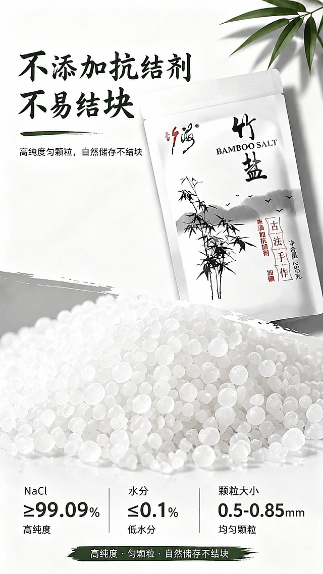 去除图片右下角的豆包AI生成水印，保留原图所有内容：不添加抗结剂竹海竹盐详情页的排版、产品包装、盐粒、所有文字信息和竹叶装饰都保持不变，仅去除右下角水印，保持原图整体风格、颜色、9:16比例不变，文字依然清晰可辨，盐粒通透质感不变。
