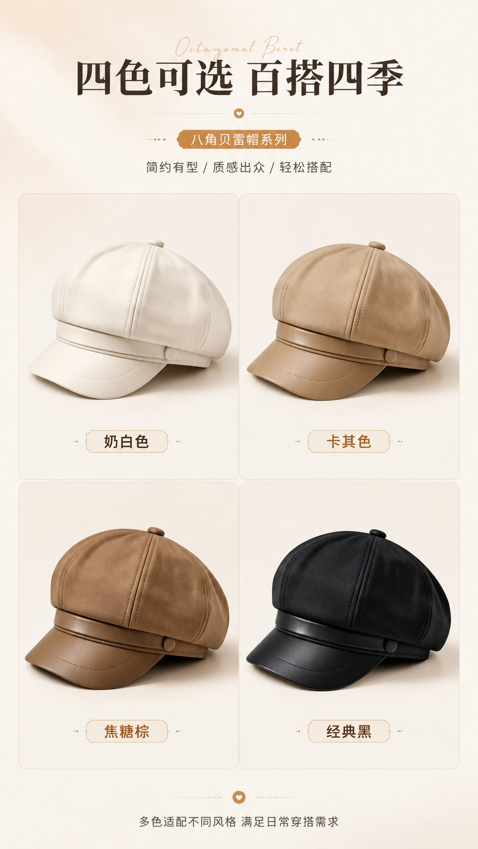[商品] 使用【图9】四色八角贝雷帽产品图；商品处理：保留米白… - 图片创意预览