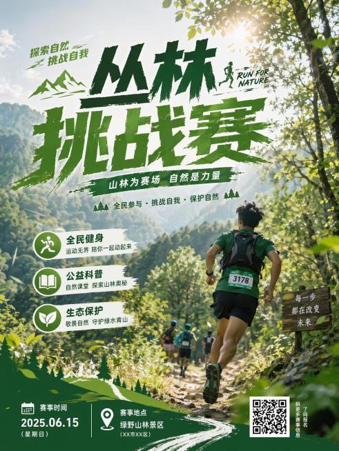户外山林挑战赛宣传海报，开阔的山林步道场景，阳光穿过树林，整体充满运动活力氛围，绿色自然的配色，主标题醒目体现丛林挑战赛，呼应全民健身、公益科普、生态保护的赛事主题，设计简洁大气，适合线下宣传预览效果