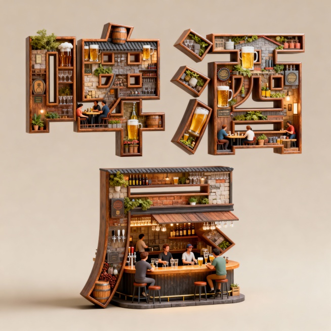 3D立体风格，以“啤酒屋”三个字为造型核心，笔画被塑造为啤酒屋设计场景，字的表面布满啤酒屋内部细节，屋内顾客满座，有吧台、桌椅、酒杯等元素，充满生活气息，居中正视图，正面图，背景为纯色预览效果