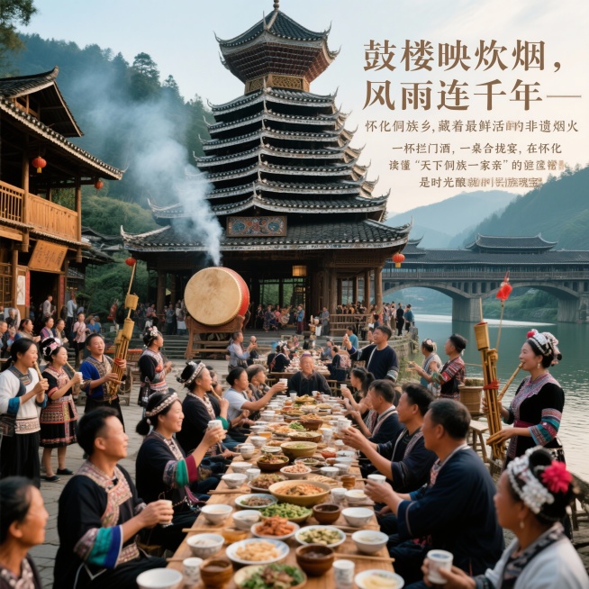 侗族文化主题（鼓楼、风雨桥、合拢宴）
① 鼓楼映炊烟，风雨连千年——怀化侗族乡，藏着最鲜活的非遗烟火

② 一杯拦门酒，一桌合拢宴，在怀化，读懂“天下侗族一家亲”的温情

③ 雕梁画栋间藏匠心，笙歌预览效果