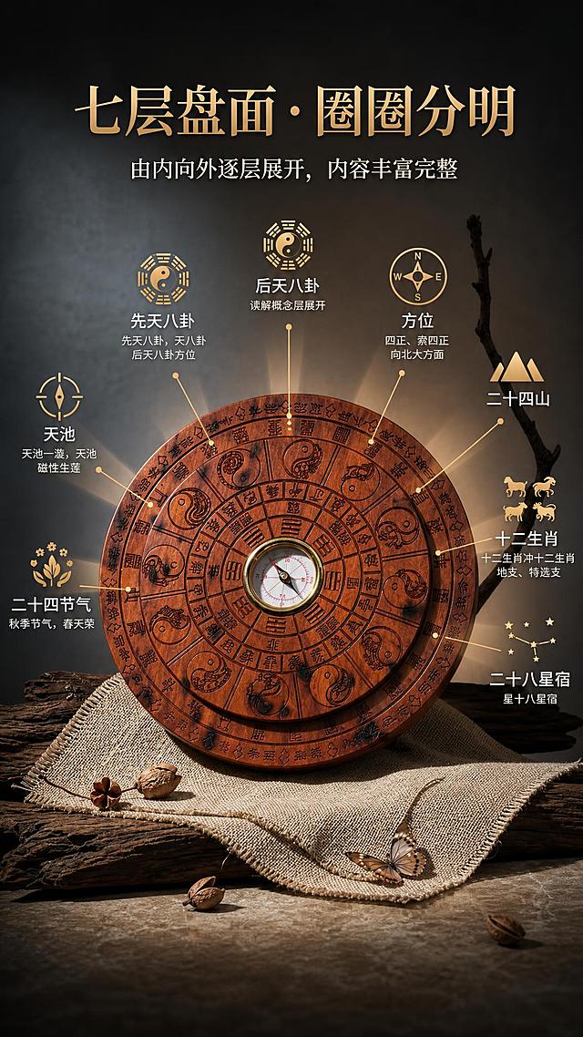 [商品] 使用【图2】雷击枣木七层罗盘；保留产品圆形木质结构、七层盘面刻纹、中心天池磁针、枣木红棕底色，不改变产品外貌和结构顺序；产品周围的七层标注图标保留位置关系。
[画面] 页面目标：七层结构总览，让消费者一眼看懂七层内容。构图：产品位于画面中心偏下，占画面约50%，正面微仰角度；从产品各层向外放射引出七层图标与名称；前景粗麻布与枯木蝴蝶道具，中景产品，后景灰蓝到暖棕的渐变聚光背景；阅读动线从上至下：标题→副标题→产品+七层放射标注。
[视觉] 套系策略：风格=暗调聚光东方古朴商业静物摄影（参考逆光者视觉风格）；标题字=宋体衬线粗体（古风厚重）；正文字=宋体常规；主色=深棕暖褐色；背景延展=深灰蓝到暖棕的径向聚光渐变、暗角处理；强调色=烫金古铜色（仅用于标题字和图标）；标题色=古铜金；正文色=米白浅金；组件=金色细线引线、古朴圆形图标、无框文字排版；光影=顶部聚光+产品背后放射光效，突出层层展开的感觉。
[文字] 顶部居中主标题"七层盘面·圈圈分明"，副标题"由内向外逐层展开，内容丰富完整"；产品周围分布七层名称图标（天池、先天八卦、后天八卦、方位、二十四山、十二生肖、二十八星宿、二十四节气），用金色细线连接对应圈层；全部文字横向排版。
[规格] 图片比例9:16竖版，2K分辨率，medium质量；避免变形、错字、文字过小、产品结构改变、冷色过重。
