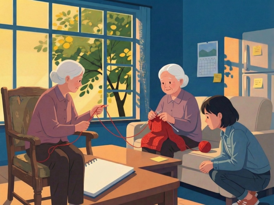 姥姥坐在那张老旧的椅子上，手中忙碌着毛线，专注的神情让我不由自主地蹲在她身旁，目不转睛地看着她那双灵巧的手。她正在对成型的毛衣进行收尾工作，红色的线条在她的指尖舞动。预览效果