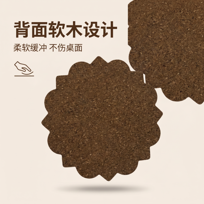 [主图-2] 软木不伤桌面核心卖点展示主图
[氛围风格] 简洁实用，卖点清晰，拼多多风格
[画质] 商业摄影质感、光线柔和通透、产品清晰真实、画面干净高级
[元素] 特写展示单块杯垫的软木背面，居中放预览效果
