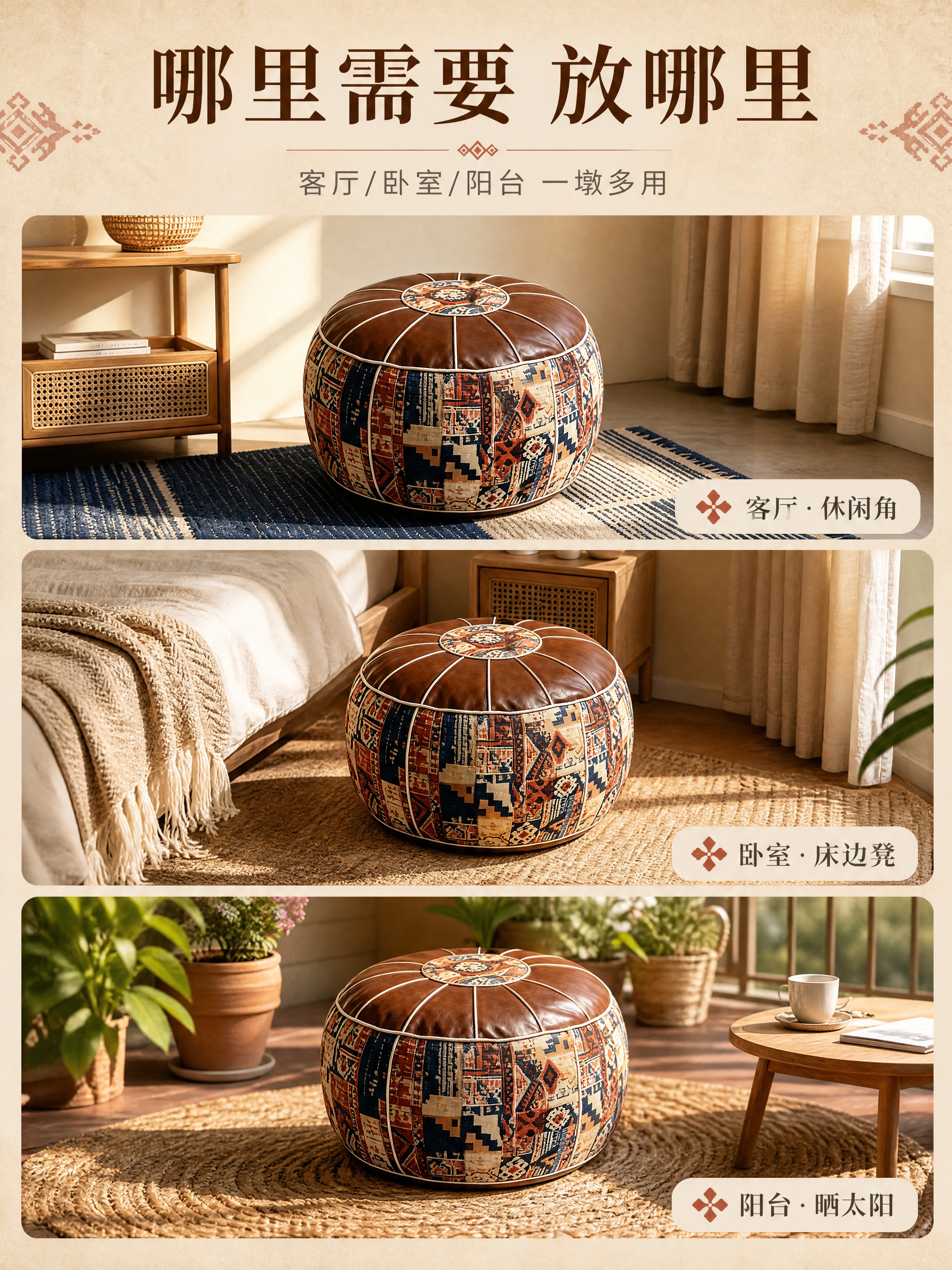 [商品] 使用【图1】民族风拼布皮质坐墩；保留圆形轮廓、棕色真… - 图片创意预览