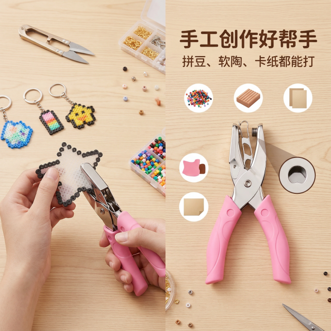 1:1竖版电商主图，严格还原拼豆打孔钳产品细节，展示在手工DIY工作台场景中使用的场景，搭配主标题 "手工创作好帮手"，副标题 "拼豆、软陶、卡纸都能打"。背景为浅木色工作台，搭配拼豆、剪刀、串珠等手预览效果