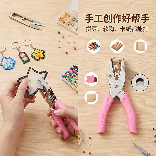 1:1竖版电商主图，严格还原拼豆打孔钳产品细节，展示在手工DIY工作台场景中使用的场景，搭配主标题 "手工创作好帮手"，副标题 "拼豆、软陶、卡纸都能打"。背景为浅木色工作台，搭配拼豆、剪刀、串珠等手工工具，排版采用左右分栏，左侧场景图，右侧产品特写与文字说明，风格温馨实用，中文文字统一使用圆润无衬线字体。禁止场景元素与产品不相关，禁止产品细节模糊，禁止文字排版杂乱，禁止背景颜色突兀，禁止文字字体不统一。