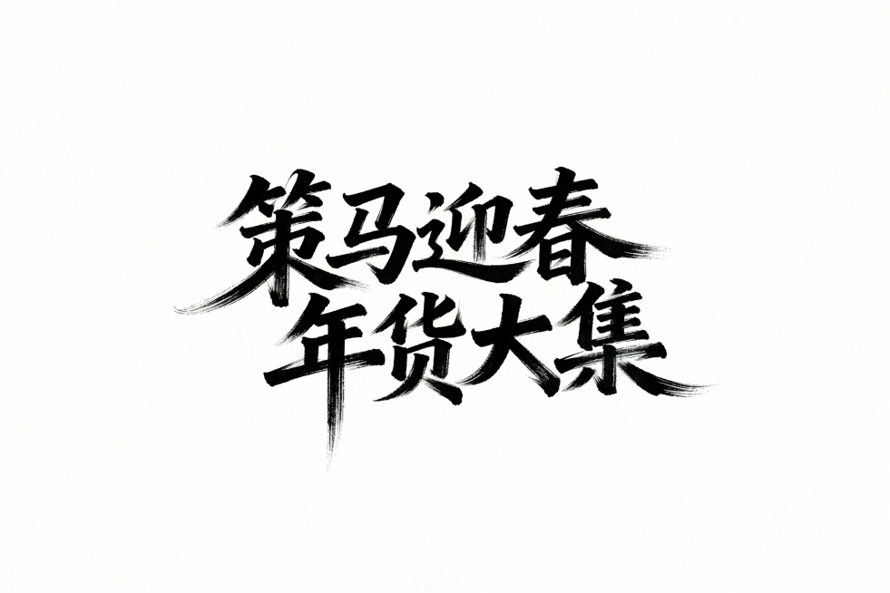 生成 策马迎春 年货大集毛笔艺术字体大气有线条预览效果