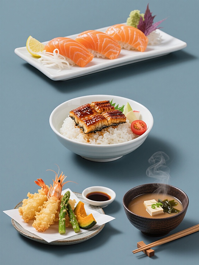 日料系列素材集合，纯色背景，规整排布四个完全不同的日料元素内容，保持高清写实风格，明亮均匀的正面光照，清晰的食材纹理细节，主色调为白色、黑色、橙色和绿色。第一个元素：精致的三文鱼刺身拼盘，三片厚切三文鱼色泽橙红鲜亮，肉质纹理清晰，表面微微反光，搭配少许白萝卜丝、紫苏叶和柠檬片；第二个元素：日式鳗鱼饭套餐，白瓷碗中盛着晶莹的米饭，上面铺着焦香四溢的蒲烧鳗鱼，淋有光泽鲜亮的酱汁，旁边点缀着腌姜片和小番茄；第三个元素：鲜虾天妇罗，金黄酥脆的天妇罗外壳，包裹着鲜嫩的整只大虾和翠绿的芦笋、南瓜片，摆放在铺有吸油纸的餐盘中，附带一小碟天汁；第四个元素：日式味增汤，深色陶碗中盛着浅棕色的味增汤，汤里有嫩豆腐块、海带结和葱花，热气腾腾，碗边放着一双木筷。所有元素均保持食物的新鲜质感和真实色泽，构图均衡，细节丰富，符合日料的精致简约风格。