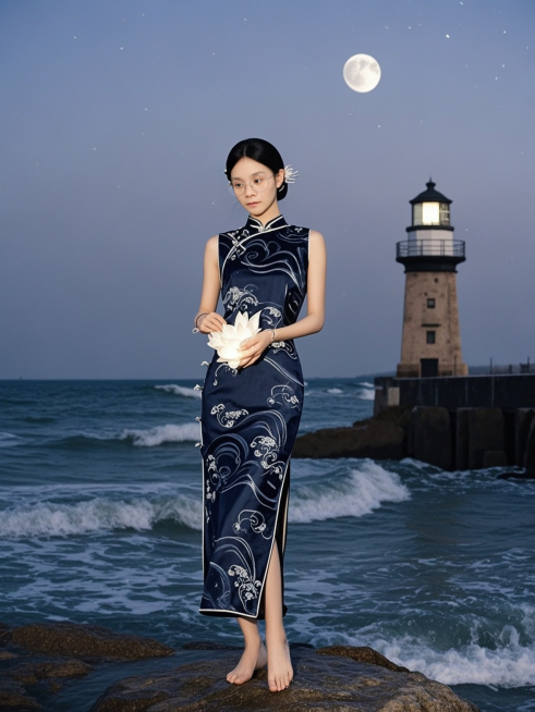 女子身着一袭深蓝丝绸旗袍，旗袍上绣着精致的白色浪花图案，仿佛海浪在夜色中轻轻拍打着她的身体。腰间系着一条淡银色的丝带，随着微风轻拂而舞动。发间插着一支玉簪，簪头雕刻成一朵含苞待放的莲花，散发着淡淡的光预览效果