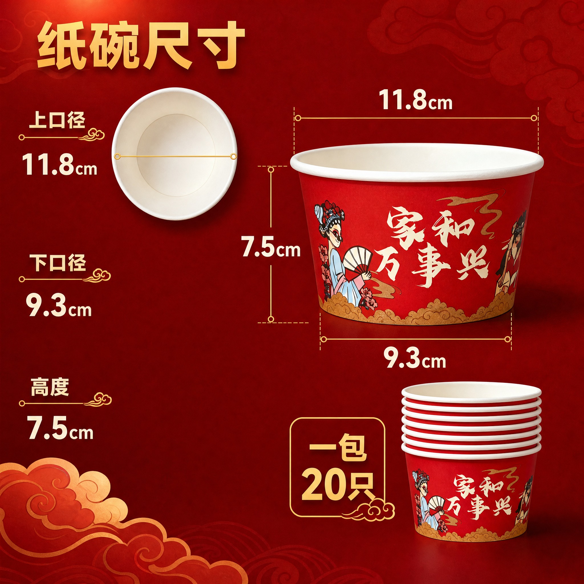 [主图5] 家和万事兴加厚纸碗 尺寸规格图，唯一任务：用正侧视… - 图片创意预览