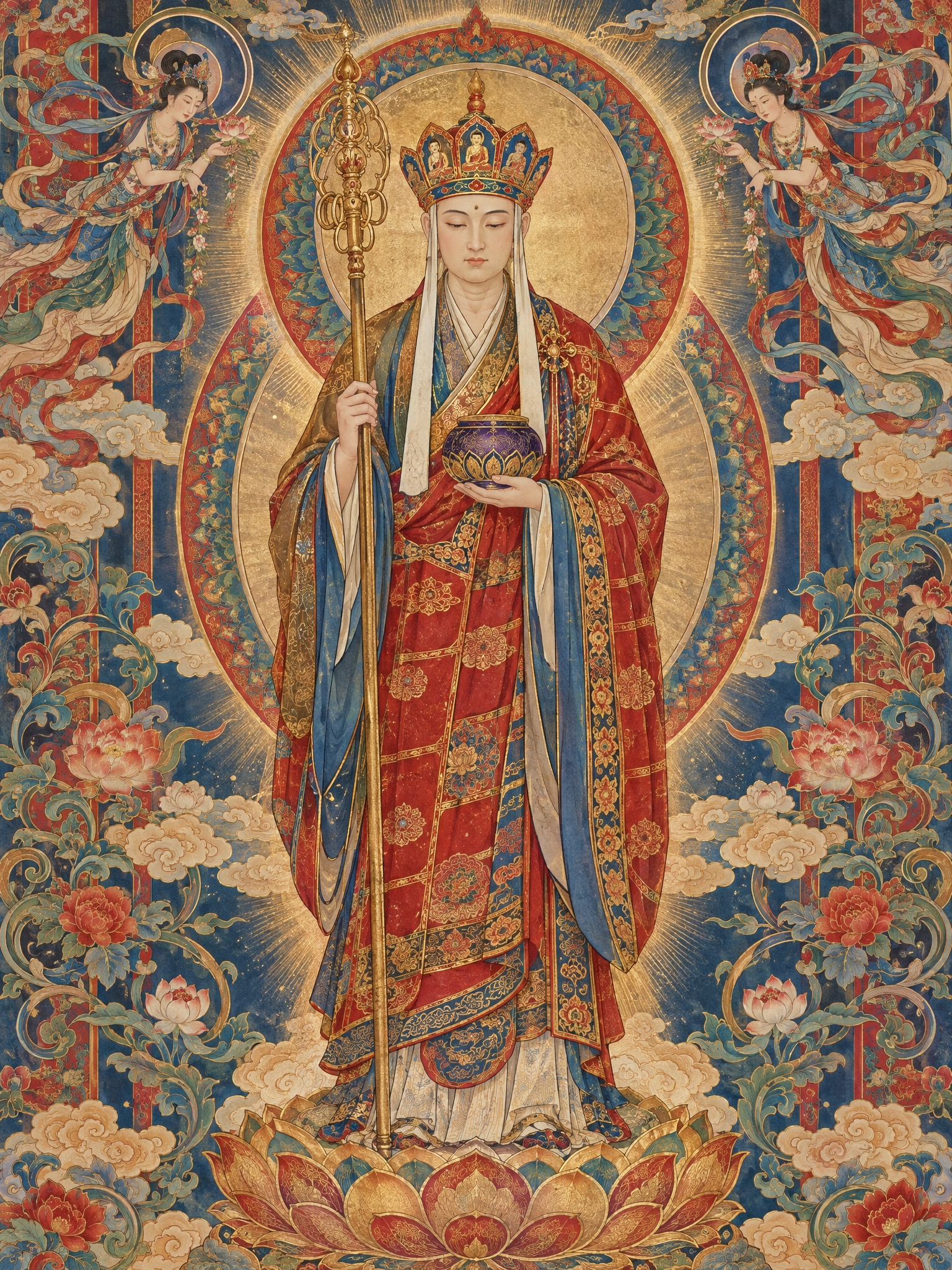 国潮工笔重彩插画，唐三藏法师端立于金色莲台之上，头戴五佛冠毗卢… - 图片创意预览