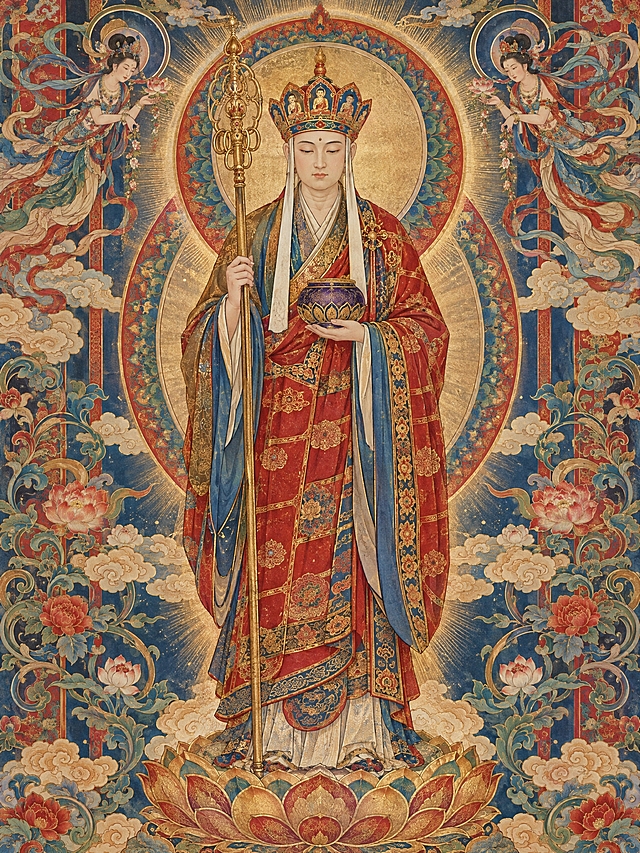 国潮工笔重彩插画，唐三藏法师端立于金色莲台之上，头戴五佛冠毗卢帽，身披锦襕袈裟，右手持九环锡杖，左手托紫金钵盂，面容慈悲静穆、双目微垂；身后佛光普照，敦煌飞天与缠枝莲纹环绕；工笔重彩技法，金线勾勒袈裟纹饰，朱红与石青相衬，庄重典雅，竖版构图，居中对称。