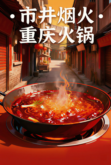 简化海报冗余视觉元素，强化火锅和重庆老巷的主体地位，优化暖红橙色调的色彩层次，提升通透感，重新排版让文字"市井烟火·重庆火锅"更加醒目，保留火锅的轻微动态模糊效果，呼应动态视觉设计特点，最终输出A3尺预览效果