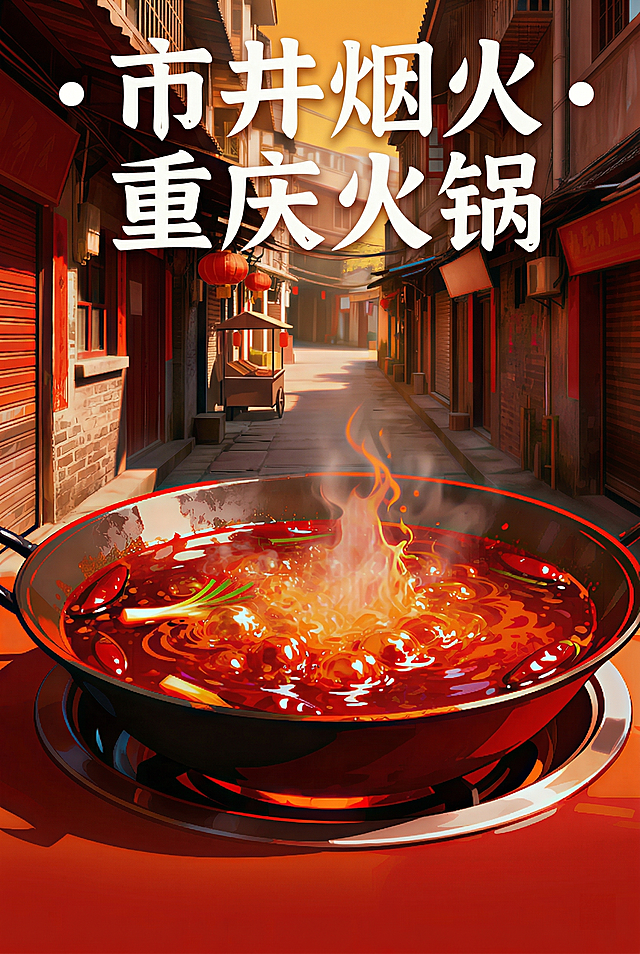 简化海报冗余视觉元素，强化火锅和重庆老巷的主体地位，优化暖红橙色调的色彩层次，提升通透感，重新排版让文字"市井烟火·重庆火锅"更加醒目，保留火锅的轻微动态模糊效果，呼应动态视觉设计特点，最终输出A3尺寸的高清海报，呈现简洁市井风格与重庆火锅文化内核
