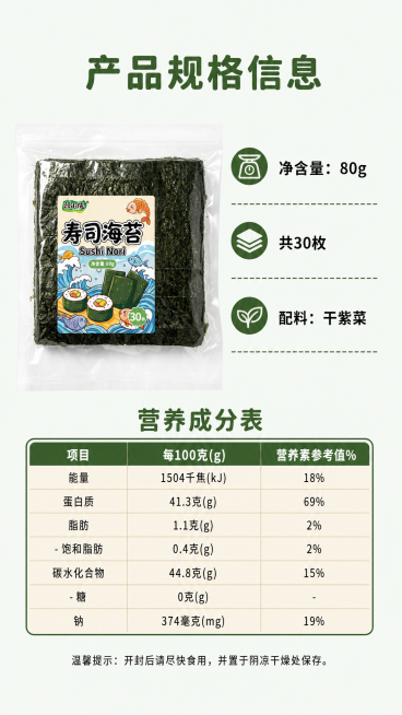 [第8屏] 规格信息-寿司海苔参数和营养成分展示。本屏使用【图1】作为产品主体。
[氛围/风格] 清晰参数版式，简约专业，信息展示准确。
[元素布局] 左侧放置产品包装【图1】，右侧放置规格信息和营养预览效果