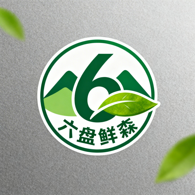 图形标Logo设计，生鲜品牌"六盘鲜森"，将数字六与六座连绵山峰融合设计，整体为圆形徽章样式，融入新鲜绿叶元素呼应生鲜品牌，清新绿色系，极简扁平化矢量logo，辨识度高预览效果