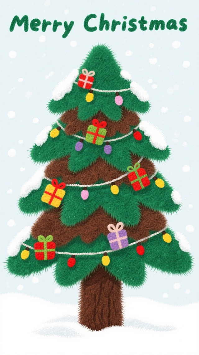 插画风圣诞树，毛发生长质感，轻拟物设计，点缀彩灯礼盒，雪景背景，喜庆卡通感十足，节日氛围浓厚。