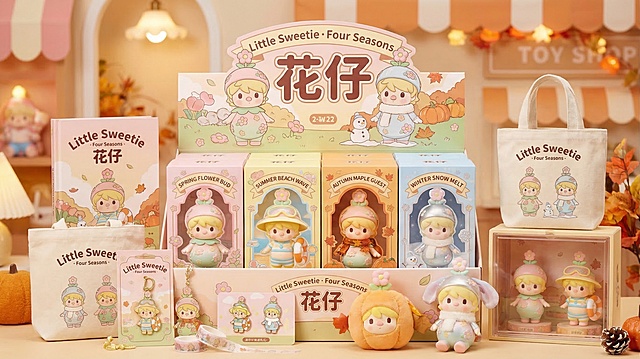以图中花与四季潮玩模型为基础，设计潮玩周边礼品，展示带有品牌标识的产品，品牌英文logo为“Little Sweetie · Four Seasons”，品牌中文名称为“花仔”，产品包装精致可爱，风格符合潮玩盲盒礼品调性