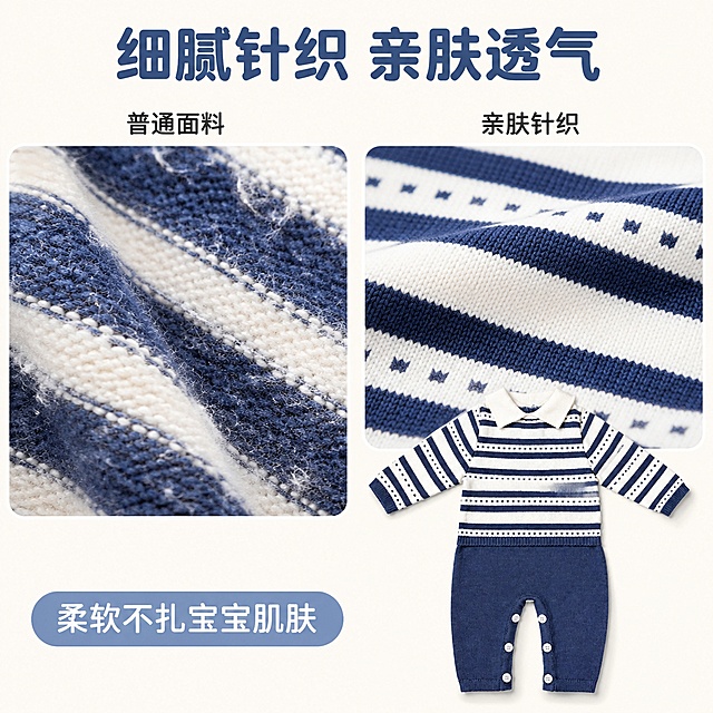 「图片1」，生成一套主图（5张），商品名称是婴儿连体毛衣，卖点是亲肤面料，软糥保暖，风格是ins萌娃风，适配淘宝/天猫平台，主图比例为1:1