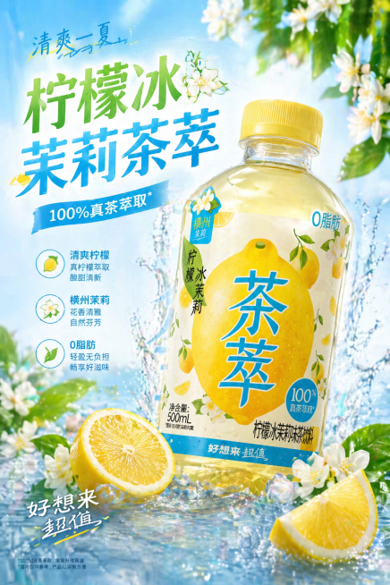 以图中的柠檬冰茉莉茶萃饮料为主题，制作一张竖版海报，尺寸比例为宽60高90，突出饮料产品，风格清爽夏日预览效果
