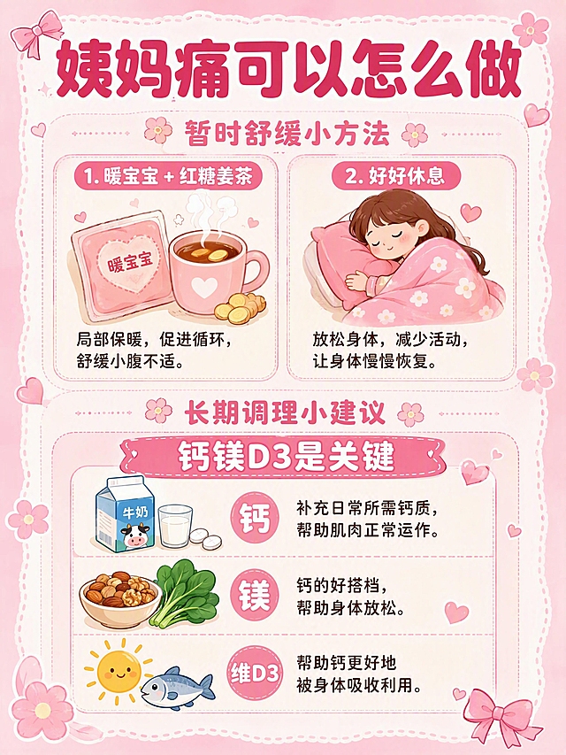 小红书生活科普信息图，4:3竖版，粉红偏红色系，少女可爱风格，版式精美，小红书笔记封面质感，信息层级清晰，适合信息流点击。与前两张经期科普图保持完全一致的视觉风格、字体、配色和排版体系。画面顶部大标题逐字锁定：「姨妈痛可以怎么做」，深粉红色圆润粗黑体，字号醒目。下方分为上下两个部分：

【上半部分】小标题逐字锁定：「暂时舒缓小方法」，粉红色粗体字。下方两个并列小卡片：
1. 暖宝宝 + 红糖姜茶：配暖宝宝和姜茶杯子的卡通插画，冒热气，温暖治愈感。说明文字：「局部保暖，促进循环，舒缓小腹不适。」
2. 好好休息：配抱枕和小毯子的卡通插画。说明文字：「放松身体，减少活动，让身体慢慢恢复。」

【下半部分】小标题逐字锁定：「长期调理小建议」，粉红色粗体字。下方大卡片顶部突出显示「钙镁D3是关键」，字号较大醒目。下方为竖排布局，从上到下依次排列三个条目，每个条目左侧是卡通插画，右侧是文字说明：
钙：配牛奶/钙片卡通插画，说明文字：「补充日常所需钙质，帮助肌肉正常运作。」
镁：配坚果/绿叶菜卡通插画，说明文字：「钙的好搭档，帮助身体放松。」
维D3：配太阳/小鱼卡通插画，说明文字：「帮助钙更好地被身体吸收利用。」
竖排布局，三个条目纵向排列，整齐清晰。

背景为浅粉色渐变，点缀可爱的粉色爱心、小花、蝴蝶结等装饰元素，整体温馨治愈。画面四周留安全边距，文字不裁切。4K高清，细腻扁平插画风格，竖版构图。