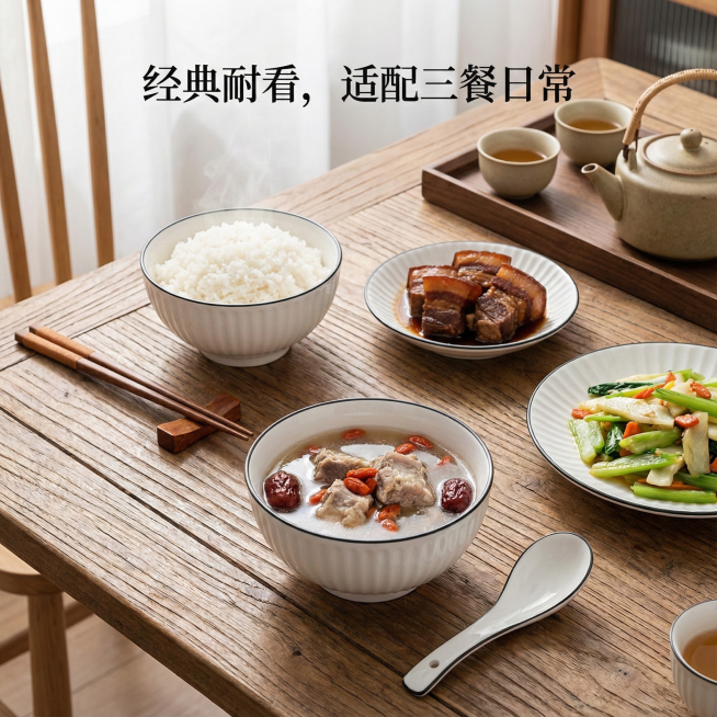 这是一只陶瓷碗，其名称为山田竖纹圆碗，碗口直径为4.5英寸。我给你提供了一张白底图，请根据我的白底图，帮我绘制5张不同角度的场景图。每张场景图比例为1：1，内容是将这只碗与不同的日常生活场景结合，并配预览效果