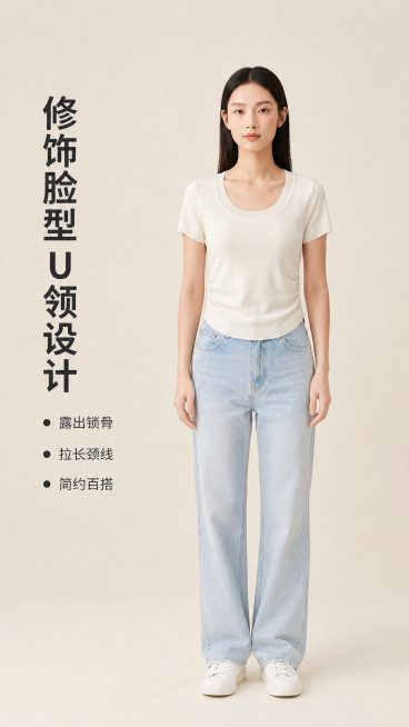 [第3屏] 正面模特上身效果展示，突出版型显瘦特点。
[氛围/风格] 简约自然，纯色柔和背景，突出产品上身效果，真实自然。
[元素布局] 亚洲女模特全身展示，穿着米白色冰丝针织短袖搭配浅蓝色牛仔裤，自预览效果