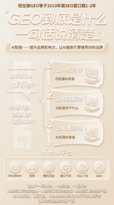 将这张GEO推广海报改成新拟态轻商务风格，保留所有原有文字内容、布局和平台logo，整体柔和立体，简约高级，保持原图尺寸比例预览效果