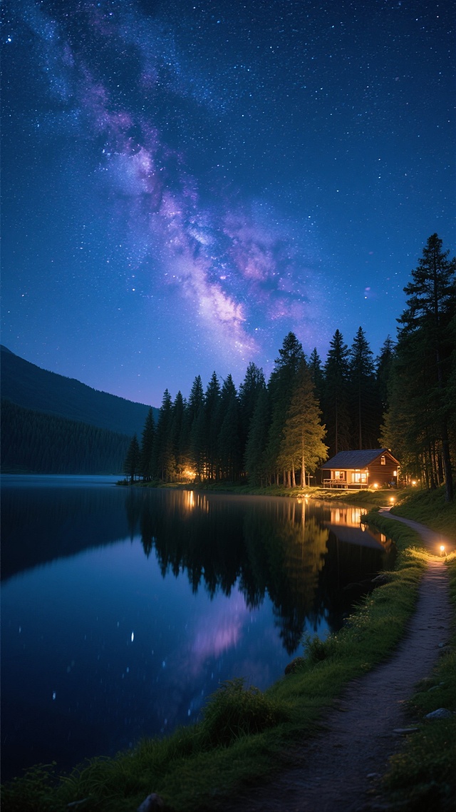 超写实夜景摄影，深邃夜空布满璀璨繁星，清晰可见的银河横跨天际，呈现蓝紫色渐变光晕，湖边茂密的冷杉林在远处暖色灯光下形成剪影，平静湖面完美倒映星空与岸边灯火，蜿蜒小径通向微光闪烁的林间小屋，整体氛围宁静悠远，色彩以深蓝、墨绿、暖黄为主，光影层次分明，星空细节丰富，地景与夜空比例协调，营造出远离城市喧嚣的自然野奢夜景。