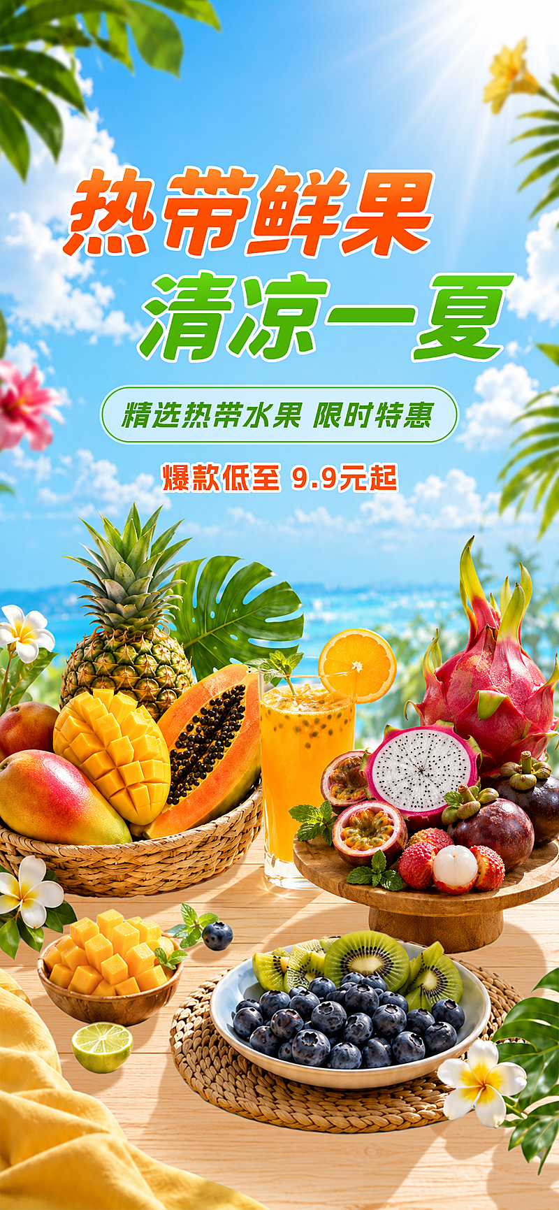 夏季热带鲜活水果促销热卖手机全屏海报