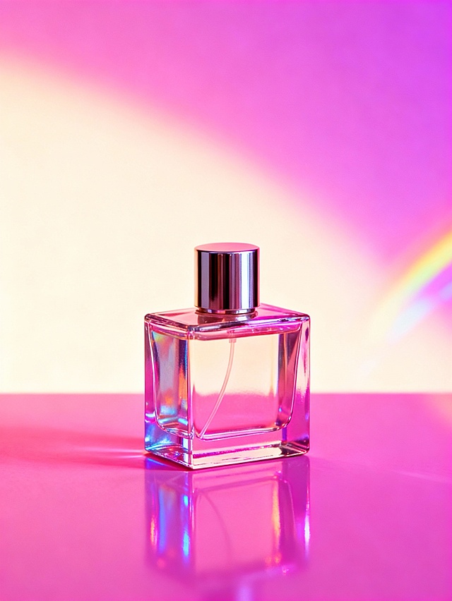 产品摄影，在光泽浅粉色表面上。**鲜艳的霓虹影棚灯光**（粉紫渐变，柔和镜头光晕，背景中彩虹光纹），在产品管/罐上形成**明亮饱和的高光**，表面呈现镜面反射。高活力，趣味构图，8K，细节锐利，粉彩色调。