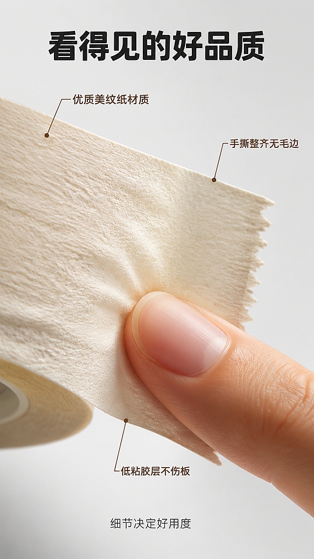 [第6屏] 详情页材质细节-美纹纸纹理撕拉效果微距特写。本屏为文生图，无产品参考图。
[氛围/风格] 微距细节质感风，高清特写，材质真实可信，专业感。
[元素布局] 画面主体是美纹纸胶带的微距特写：左侧展示胶带纸面的褶皱纹理细节，纤维质感清晰；右侧展示手撕胶带的断面，整齐的锯齿状边缘；中间有一只手指轻轻按压胶带表面，展示柔韧性；背景为纯净浅灰色渐变，突出材质细节。
[光影质感] 侧光打亮纸纤维纹理，明暗层次分明，质感真实，细节清晰可见。
[配色色系] 全局底色 #F5F5F5 浅灰渐变；胶带米白色；点缀深棕色引线标注；标题深灰色。
[视角构图] 微距特写视角，左右对比展示纹理和撕口，阅读动线从左纹理到右撕口。
[文字版式] 顶部大标题「看得见的好品质」，粗黑体居中；画面中用细线引线标注3处细节：「优质美纹纸材质」「手撕整齐无毛边」「低粘胶层不伤板」；标注文字清晰，引线不遮挡关键细节；底部小字「细节决定好用度」。
[比例分辨率] 9:16竖版比例，4K分辨率，文字清晰可辨，高清画质。
[负向提示词] 纹理模糊，材质失真，水印，文字过小，颜色偏差，极限词。