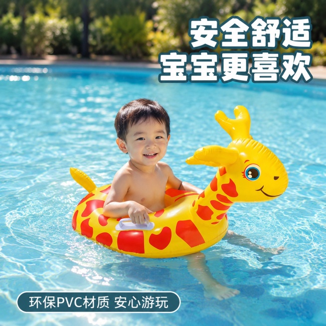 [主图-4] 长颈鹿坐圈宝宝水上使用场景展示。
[氛围风格] 真实亲子游泳场景，自然生动有代入感。
[画质] 纪实商业摄影，光线自然，真实清晰。
[元素] 三岁宝宝坐在长颈鹿坐圈上，在清澈泳池中漂浮，预览效果