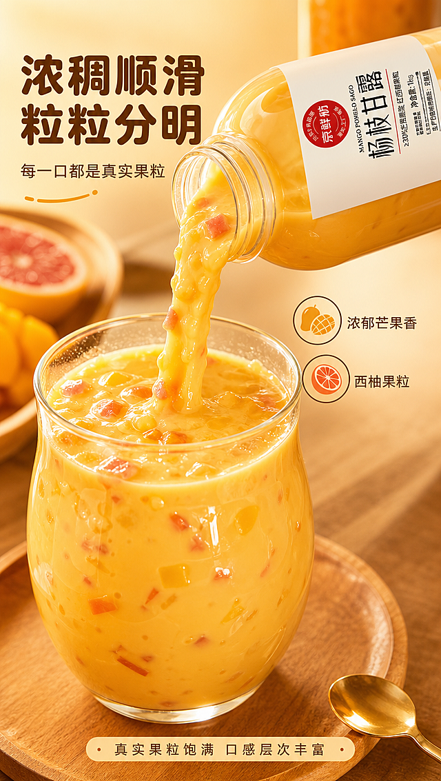 [商品] 使用【图1】京鲜舫杨枝甘露1kg瓶装饮料；保留瓶身标签所有文字和Logo完整；产品位于画面上方倾斜倒出状态，瓶身清晰可见。
[画面] 目标：第3张·口感质地特写，动作瞬间加质地微距型；杨枝甘露从瓶口缓缓倒入透明玻璃杯中，液体浓稠金黄，芒果果肉和西柚果粒在液体中清晰可见，流动瞬间定格；玻璃杯位于画面中下部，占画面约70%；背景为暖调虚化的木质桌面，旁边放着小勺子；前景玻璃杯和液体的微距质感强烈，果粒颗粒饱满分明；阅读动线从上到下，顶部标题到倒出动作到底部质地特写；至少3层视觉（瓶身、倾倒液体流、玻璃杯中的饮品、桌面）。
[视觉] 套系策略：风格=秋冬暖调治愈系商业摄影；标题字=现代圆润黑体粗体；正文字=简洁无衬线中黑体；主色=暖橙黄；背景延展=基于暖橙黄做深浅层级、同色渐变和暖调木质/玻璃质感；强调色=深焦糖棕，仅用于小面积图标、引线和标签；标题色=深焦糖棕；正文色=暖深灰；组件=圆角暖底信息卡、细线引线、暖调装饰线条；光影=左前侧暖柔光，暖黄色调主光，液体高光通透，柔和阴影。
[文字] 顶部主标题「浓稠顺滑 粒粒分明」（8字），副标题「每一口都是真实果粒」；画面右侧中部偏右位置放2个短句口感词：「浓郁芒果香」「西柚果粒」，每个配小图标；底部小字「真实果粒饱满 口感层次丰富」；文字不遮挡液体流动主体；所有文字横排，手机端可读。
[规格] 图片比例9:16竖版，4K分辨率，负向提示：避免西米、冷蓝冷灰背景、液体质感失真、果粒模糊、文字竖排、冷色调、绝对化用语、二维码、水印。