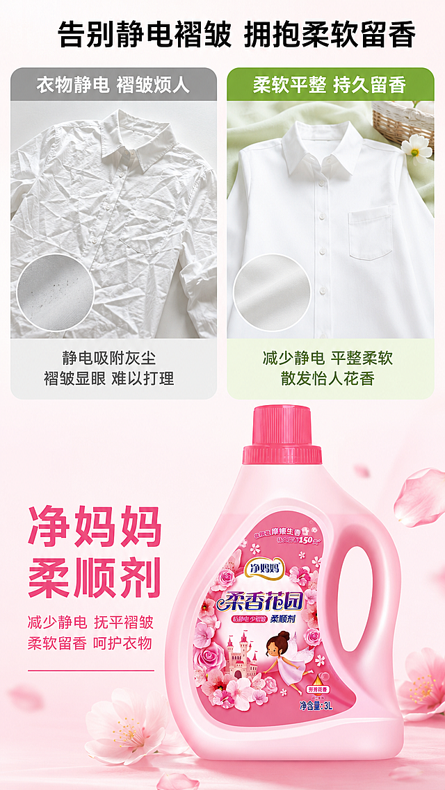 [第2屏] 详情页痛点对比屏-净妈妈柔顺剂解决衣物静电褶皱问题。
[氛围/风格] 写实生活场景风，左右对比版式，干净清晰，商业展示质感，风格温和不夸张。
[元素布局] 本屏使用【图1】提取商品主体放在底部区域。屏幕上半部分分为左右两栏对比：左栏展示使用前痛点——衣物褶皱明显、吸附灰尘，文案标注「衣物静电 褶皱烦人」；右栏展示使用后效果——衣物平整柔软，文案标注「柔软平整 持久留香」。保持柔顺剂瓶身结构、颜色、文字与【图1】一致。下半区域留出主标题位置，背景为浅柔粉色，点缀少量花瓣装饰。
[光影质感] 整体均匀柔光，左右对比区域光线一致，瓶身光影自然，文字清晰无阴影遮挡，明暗层次适中，产品轮廓清晰。
[配色色系] 全局底色：#FFF5F8（浅柔粉）；对比栏底色左栏#F1F1F1（浅灰）、右栏#F0F9E8（浅绿）；主体配色：瓶身粉色+文字深色；辅助色：粉色花瓣装饰。
[视角构图] 上下结构排版，上半部分左右分栏对比，下半部分放产品主体，左侧标题，右侧产品。主体瓶身占下半区域70%宽度，信息层级分明，阅读动线从上到下清晰自然。
[文字版式] 顶部居中主标题「告别静电褶皱 拥抱柔软留香」黑色字，字号为画面宽度6%。左右分栏各有小标题，放在对比图上方，文字加粗。底部主标题「净妈妈柔顺剂」放在产品左侧，不遮挡瓶身，文字清晰可读。
[比例分辨率] 9:16竖版比例，4K分辨率，文字清晰可辨，超高清。
[负向提示词] 瓶身变形，结构错误，颜色偏差，文字错乱，夸张恶心画面，水印，背景杂乱，对比排版错乱