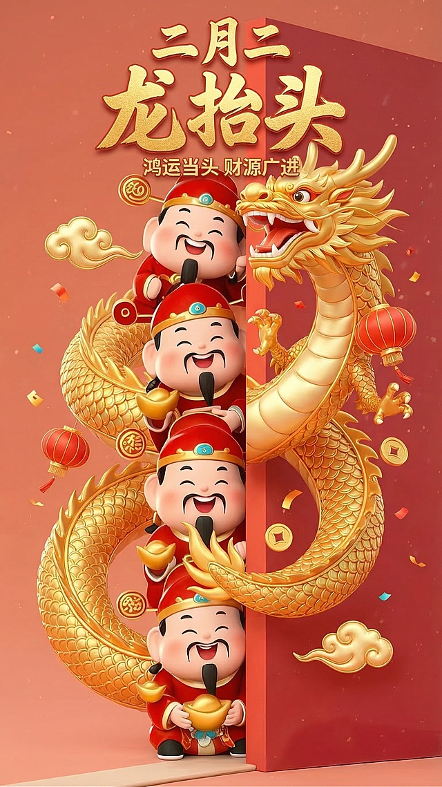 在图片中添加一条盘旋在财神旁的金色中国龙，龙的风格和财神的3D卡通质感保持一致，保留原有构图和红色背景，制作成二月二龙抬头主题宣传海报，整体喜庆热闹，风格统一协调