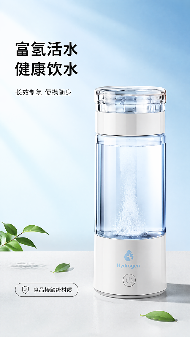 [第1屏] 详情页头图-富氢水杯新品宣传海报。
[氛围/风格] 清新简约生活风，浅蓝渐变背景，简约干净，商业摄影质感，画面清爽通透。
[元素布局] 富氢水杯放置在画面右侧中心区域，占据画面60%-65%主体区域。保持产品的物理结构、材质质感、颜色一致。背景左上部分为浅蓝渐变纯色，预留充足标题留白，底部为浅灰色桌面，桌面点缀几片绿叶作为装饰，整体干净简洁。
[光影质感] 左上方柔和主光照亮杯身，右下方形成自然柔和投影，杯身高光清晰自然，整体明亮通透，产品边缘清晰真实。
[配色色系] 全局底色：#F0F8FF（浅蓝）；主体配色：奶白色杯身 + 透明杯盖 + 浅蓝色品牌标识；辅助色：#E8F4F8（浅灰桌面）+ #228B22（绿叶点缀）+ #111111（标题黑）。
[视角构图] 正面微俯视，主杯位于画面右侧中心区域，左上区域完整留给标题和副标题，底部浅灰桌面，背景干净简洁且有设计感。
[文字版式] 左上区域为主标题+副标题，右半部分产品主体。主标题「富氢活水 健康饮水」黑字，左对齐，字号为画面宽度8%-10%，不超过顶部区域高度25%；副标题「长效制氢 便携随身」黑字，字号约为主标题30%-40%，主标题下方左对齐；底部左侧信息条标注「食品接触级材质」，文字不遮挡杯身。
[比例分辨率] 9:16 竖版比例，4K 分辨率，文字清晰可辨，超高清。
[负向提示词] 杯身变形，结构错误，颜色偏差，水印，文字错乱，产品图模糊，背景杂乱，极限词，诱导按钮