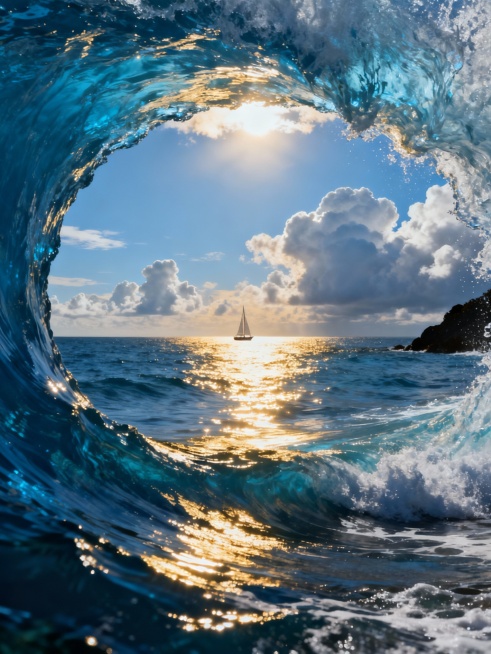 从巨大海浪卷起的环形水幕内部向外眺望的视角，展现超写实主义风格的海景，主色调为深邃的靛蓝色与明亮的蔚蓝色渐变融合，阳光从云层间隙穿透洒下金色光芒，在波光粼粼的海面上形成耀眼的反光，远处海平面上有一艘帆船静静航行，右侧可见部分深色礁石，海浪内部纹理清晰可见流动的波纹与泡沫细节，整体营造出壮丽、宁静而又充满力量的氛围，天空中漂浮着形态各异的白色云朵，光影对比强烈，高光与阴影过渡自然，海水质感晶莹剔……预览效果