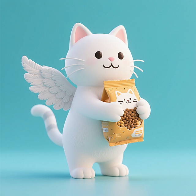 抱着猫粮的卡通粘土猫猫