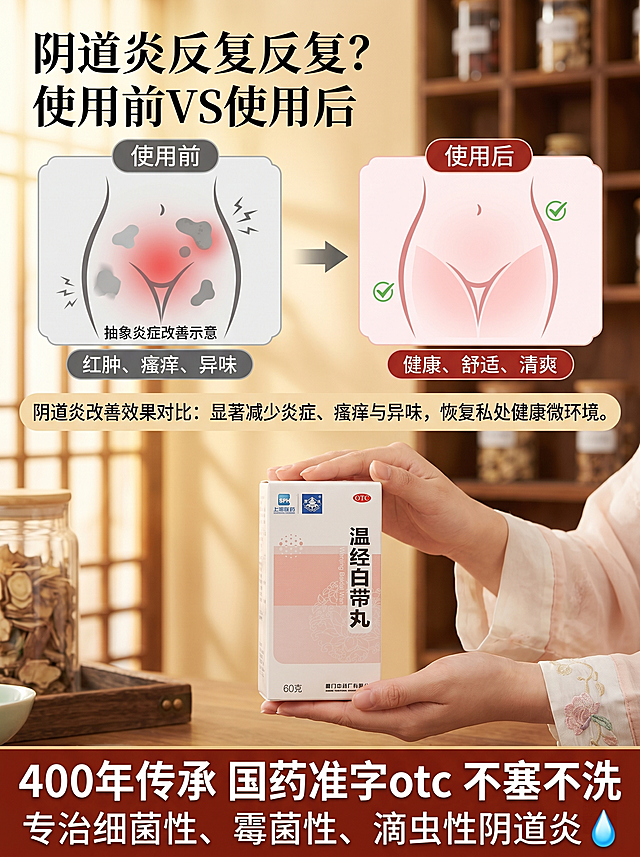 在原对比图基础上修改：1. 将产品替换为图二的温经白带丸药盒；2. 修改对比示意图，把过于具体的解剖图改成含蓄抽象的炎症改善示意，避免违规；3. 更换背景和手模；4. 将底部文案替换为：400年传承 国药准字otc 不塞不洗 专治细菌性、霉菌性、滴虫性阴道炎；保留整体阴道炎使用前后对比的布局结构