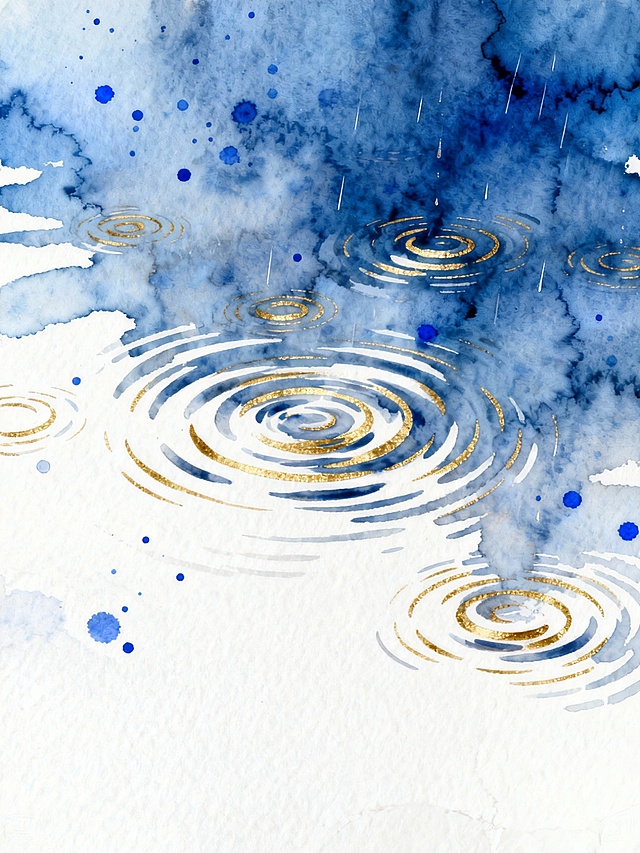 水彩风格绘画，以纯净的蓝色和白色为主要色调，呈现出柔和自然的色彩过渡与晕染效果。画面中，深浅不一的蓝色水彩以湿润的笔触铺陈，形成朦胧的背景，白色区域则保留了纸张的质感，如同水天一色的留白。中心区域点缀着多个金色的水晕波纹，这些波纹以同心圆的形态扩散，线条轻盈而富有流动感，仿佛雨滴落入水面激起的涟漪。蓝色背景上散布着细小的蓝色墨点，增添了画面的层次感与生动性。整体氛围宁静而空灵，光影柔和，笔触间可见水彩特有的透明质感与自然晕染的痕迹，构图简洁而富有诗意，展现出水的静谧与灵动之美。