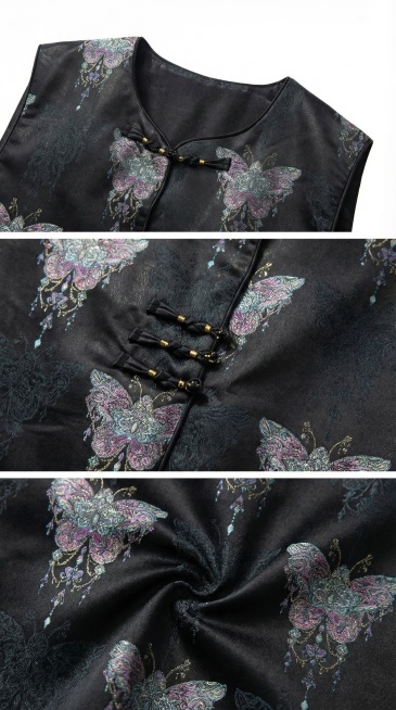 以纯色纯白色为背景，上下排列的三宫格布局展示黑色印花马甲：第一格特写展示马甲的圆领子细节，保留原有版型和彩色蝴蝶提花；第二格特写展示马甲的中式盘扣门襟细节，保留原有设计和图案；第三格特写展示马甲的提花预览效果