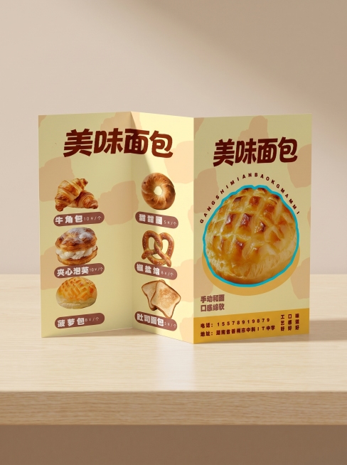 将这两张面包DM单设计图制作成立体折叠的DM单样机，放在浅色场景中展示预览效果