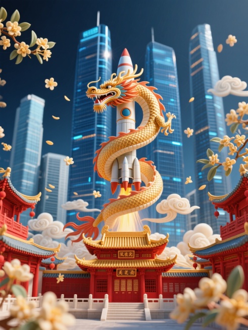 现代建筑与传统古建融合，现代建筑高楼整体呈现深蓝色与流光，古代建筑红金色为主，非遗面塑风格，红金色和科技蓝为主色调，主体为一条龙缠绕着火箭升空，周围飘落着桂花花瓣及祥云，精致、富有层次感，背景有现代建预览效果