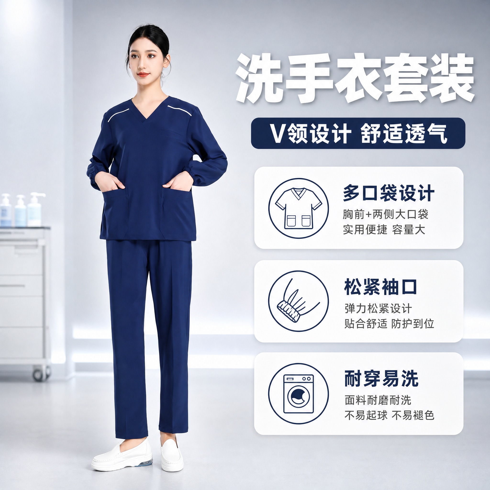 [主图-1] 核心卖点首图，展示深蓝色长袖洗手衣套装的整体穿着… - 图片创意预览