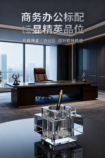 2:3竖版电商详情页，严格还原图中水晶笔筒产品细节，1:1还原产品尺寸比例；主标题「商务办公标配 彰显精英品味」，副标题「总裁办公桌 / 办公区 提升职场质感」；全景展示高端商务办公室场景，包含大班台预览效果
